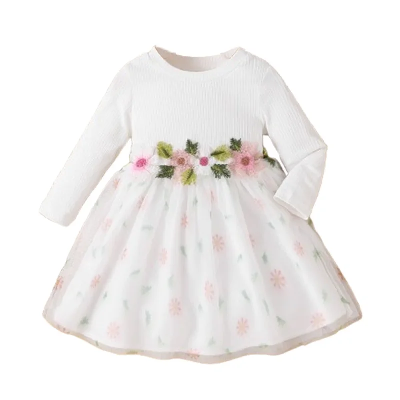 

Toddler Girl Fall Sweet Dress 3D Floral Applique Long Sleeve Crew Neck Ribbed Tulle Patchwork A-Line Dress