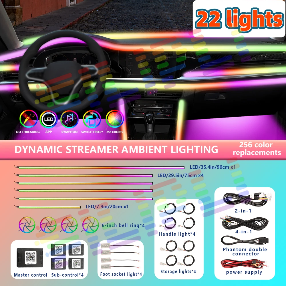 Car Interior Ambient Light App Control Auto Symphony Universal Atmosphere Acrylic LED RGB Lamp Strip Rainbow Colorful Lighting