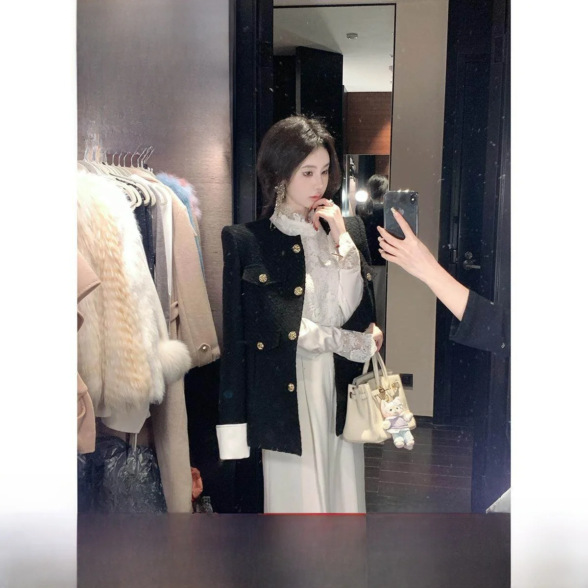 

Sy Women's Thi Woolen Jaet Bla Fraance Sle Old Money Top Spring Winter New Arrival Commute Sle round Ne Button