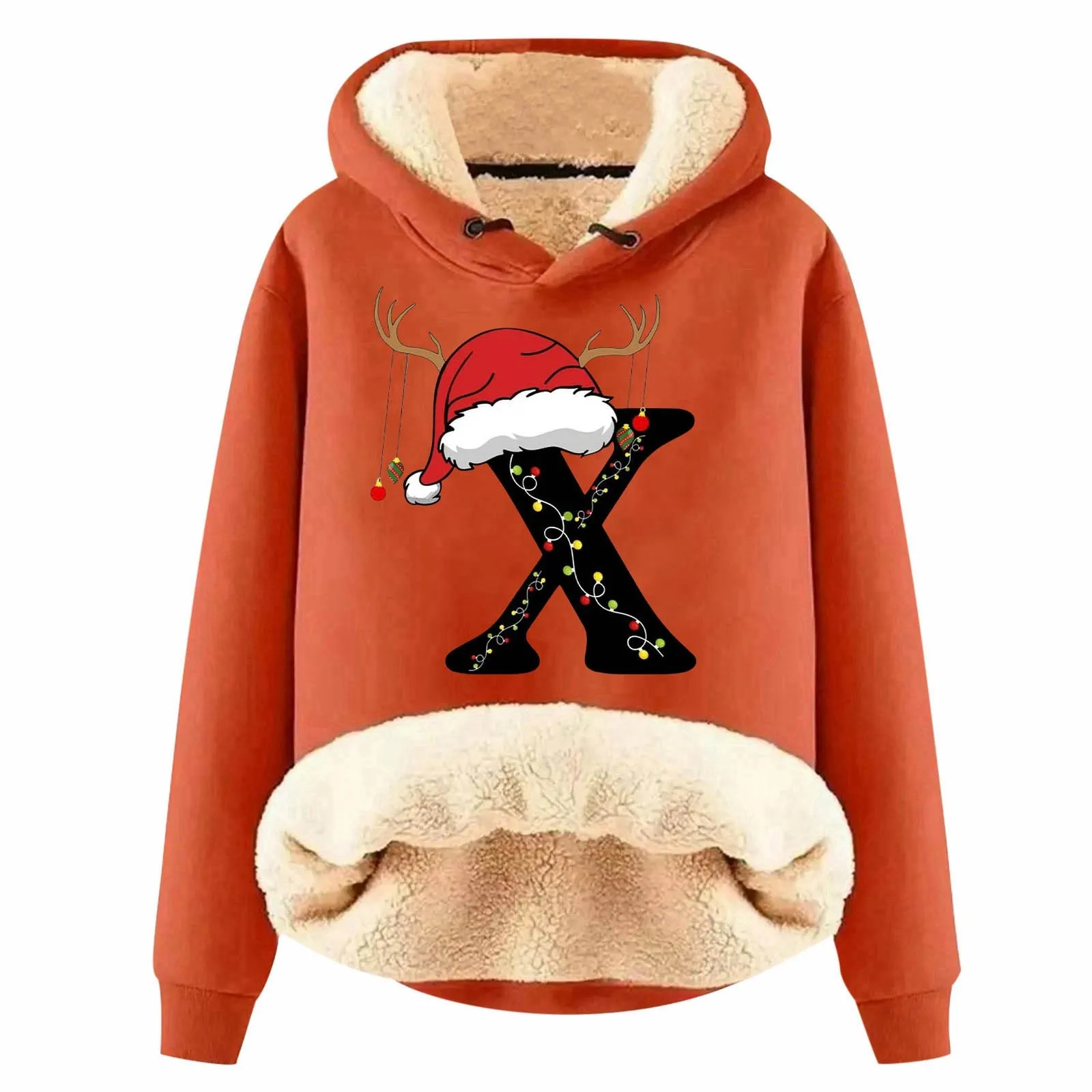 Women\'s Christmas Letters Printed Hoodie Thick Wool Winter Warm Pullover Tops Fleece Sweater Petite Women Women Light Sweatshirt