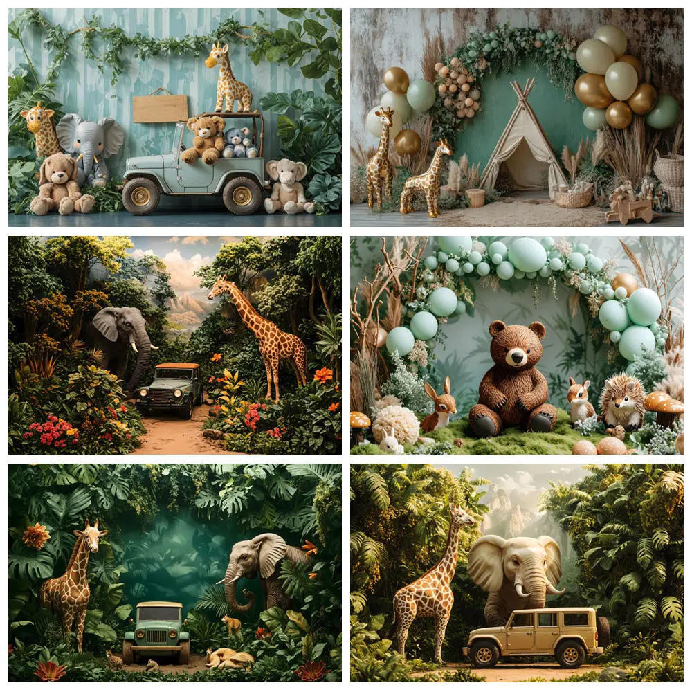 

Safari Jungle Animals Photography Backdrops Forest Tropical Green Leaves Grass Baby Portrait Background Decor Photo Studio Props