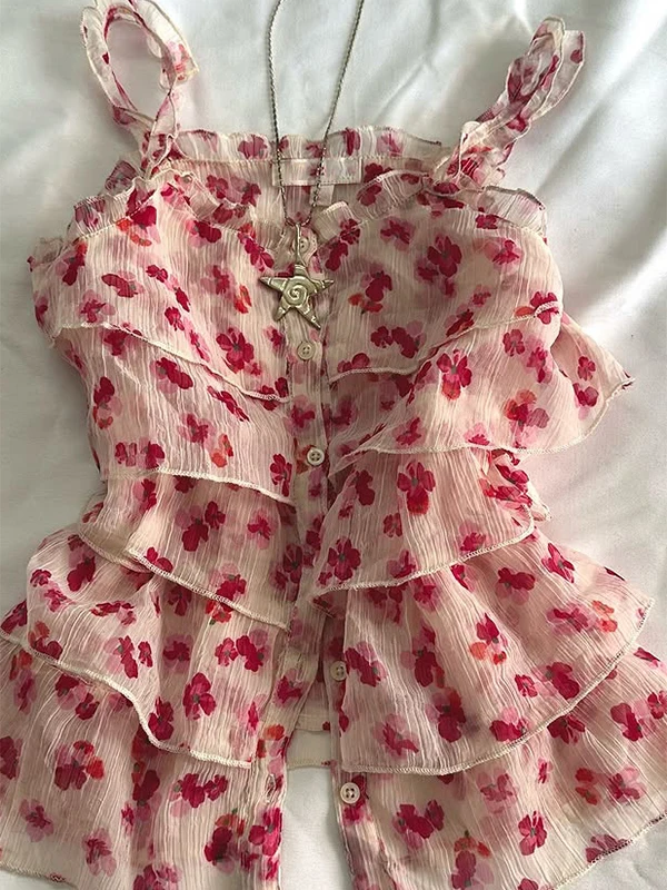 

Original Retro Floral Print Top Women's Pink Strap Vest Slimming Waist Design Summer Commute Sle Cotton Blend ort Length