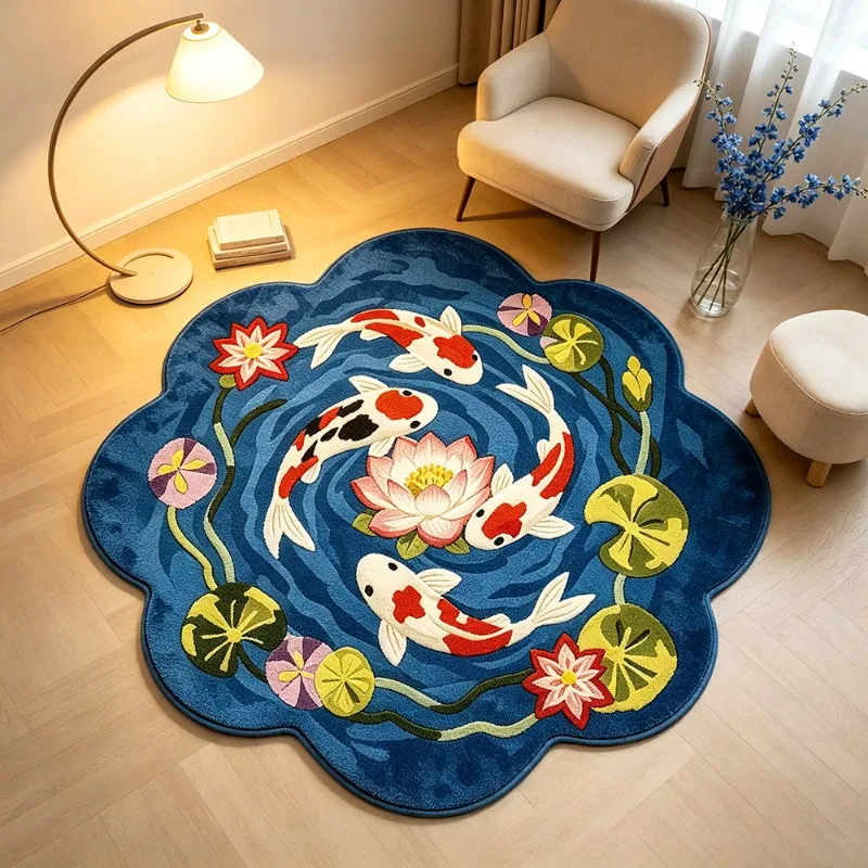 Creative Blue Lotus Koi Fish Pattern Irregular Rug Fashion Plush Bedroom Bedside Floor Mat Home Decor Carpet for Living Room