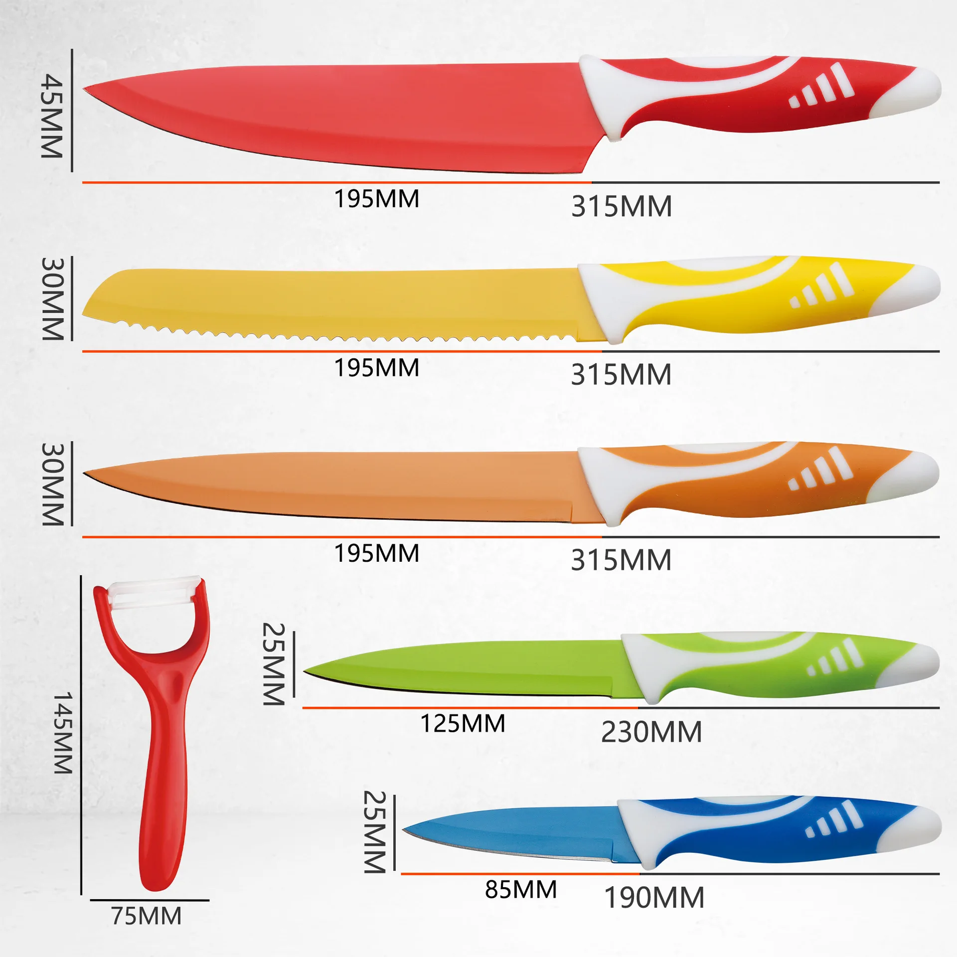Imagem -04 - Faca de Cozinha Colorida Conjunto Não Vara Revestimento Lâmina Peças Presente Faca Chef Cortar Pão Utilitário Aparar Faca com Descascador de Cerâmica