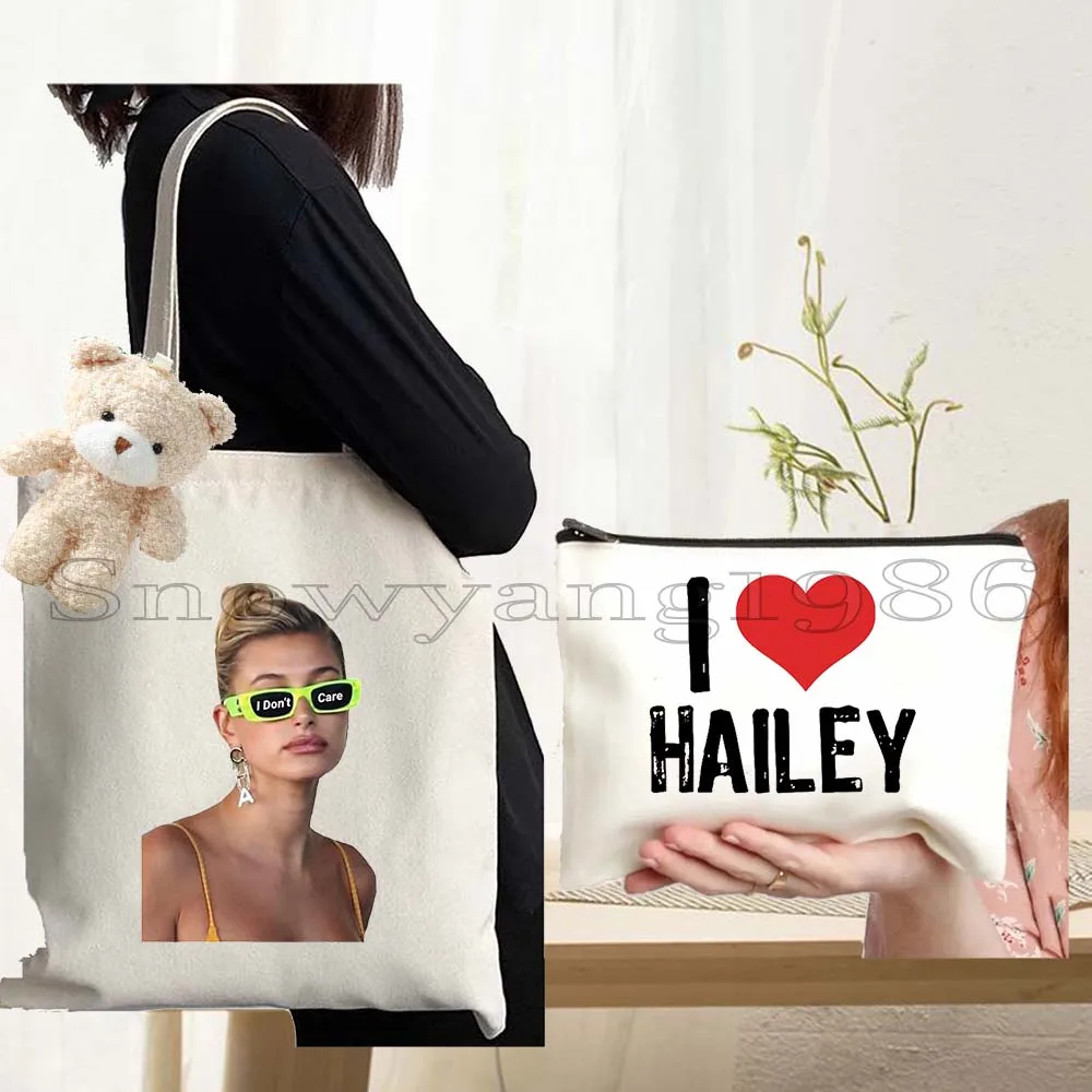 Funny 3PCS Fashion Hailey Bieber Love Heart Queen Girl Student Women Canvas Tote Bag Shoulder Shopper Cotton Handbag Books Bags
