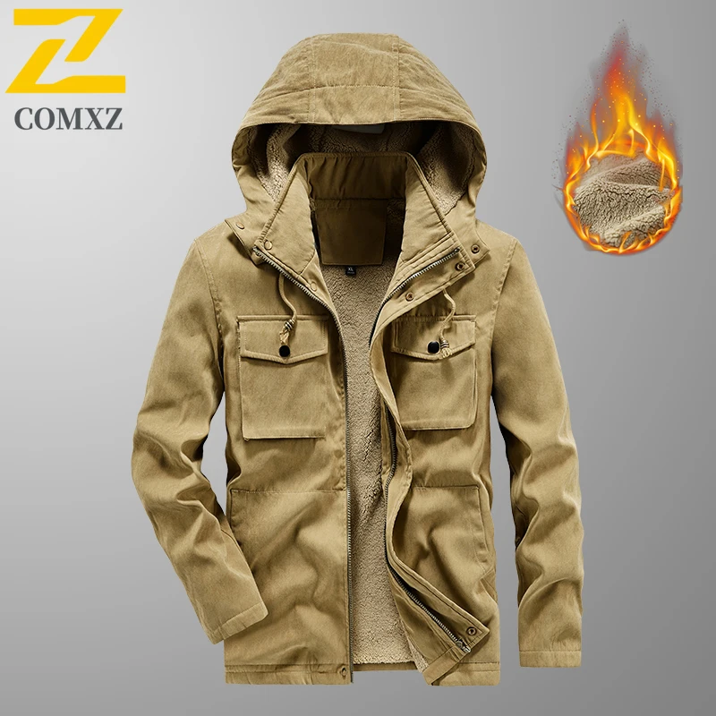 الرجال معطف القطن الخريف الشتاء الرجعية غسلها سميكة المخملية مقاومة البرد ودافئة مقنعين سترة معطف في الهواء الطلق سترة بسحاب عادية #3