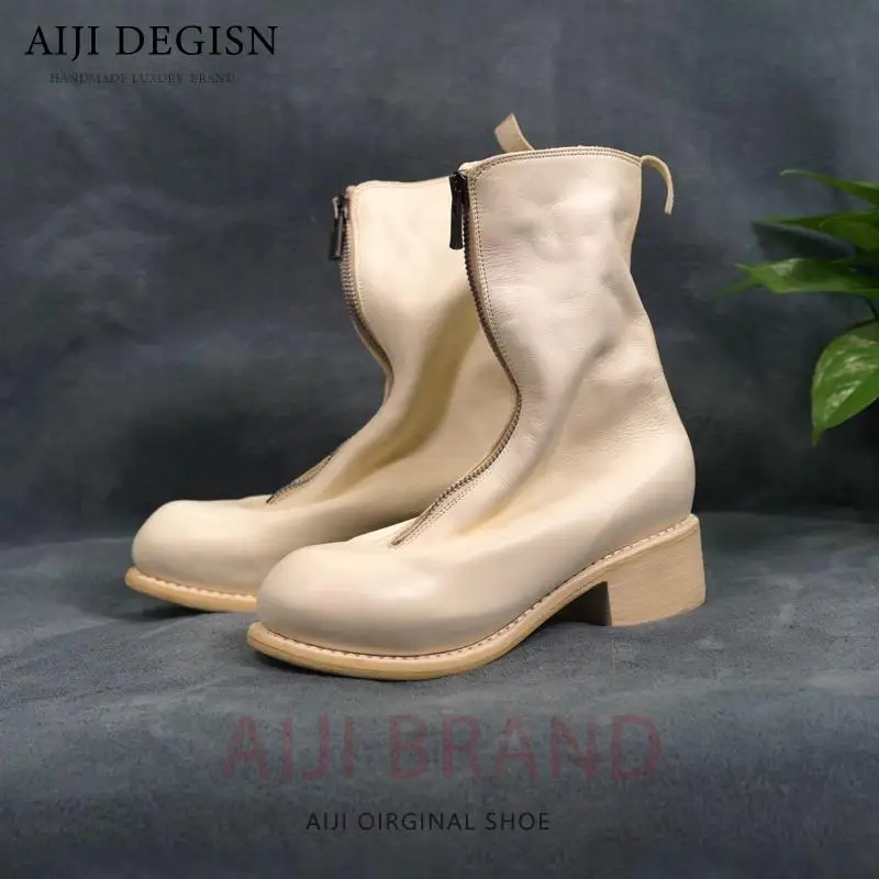 

Luxury Men Chelsea Boots Genuine Leather Front Zipper Knight Boots Outdoor Work Shoes Premium Women Fashion High Top Boots