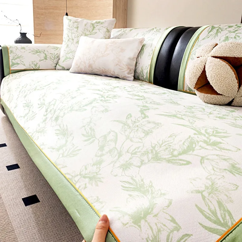 Summer Cool Feeling Ice Silk Sofa Cover Non Slip Special Seat Cushion For Straight Row Leather Sofa Breathable Couch Mat