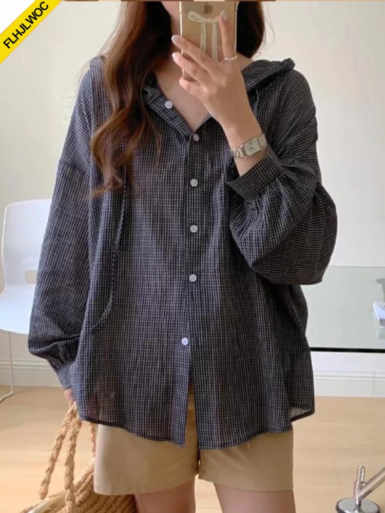 Oversize Loose Women Cute Tops Preppy Style Vintage Japan Korea Design Single Breasted Button Elegant Blue Plaid Shirts Blouses