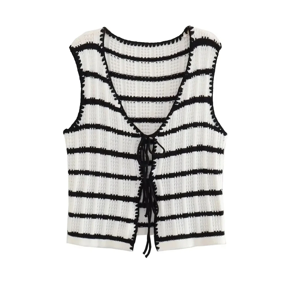 TRAF Women Fashion with Tied Striped Knit Vest Sweater Vintage V Neck Sleeveless Female Waistcoat Chic Tops Dropship