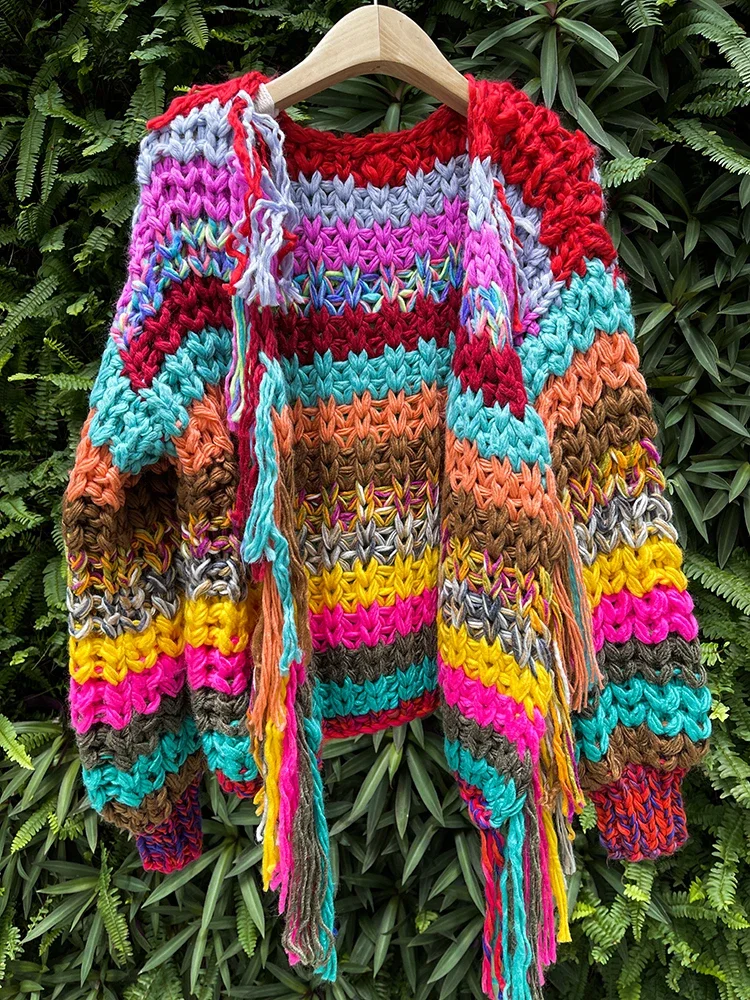 Rainbow Color Tassel Front Chunky Knit Cardigan 2024 Winter Women Handmade Sweater Niche Design Knitwear Outfit