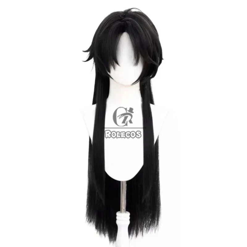 ROLECOS Game Genshin Impact Capitano Cosplay Wigs Capitano Halloween 85cm Long Straight Black Wig Heat Resistant Synthetic Hair