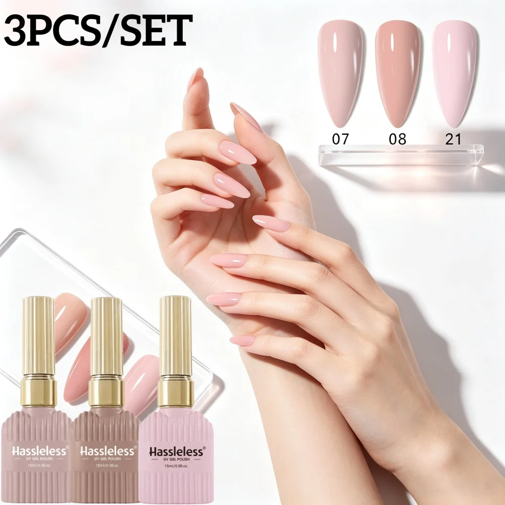 Hassleless 3-Piece Milk Tea Nude Nail Polish Gel Set, Light Milk Nude Solid Color Nail Polish Gel, Low Saturation Ambiance Nail Colors, Soft Light Color Solid Nail Polish, Even Color Application, Minimalist Style Daily Nail Color Combinations for Women