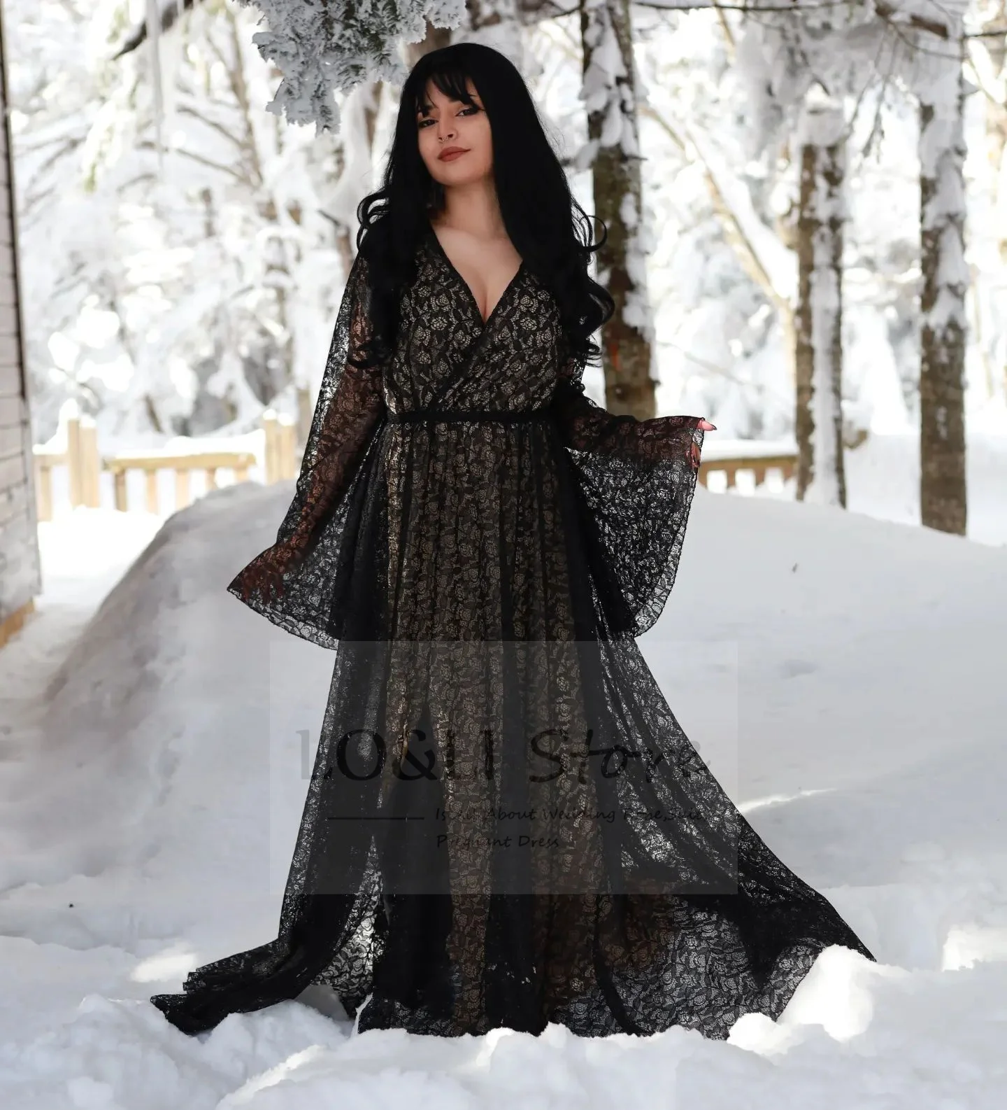 

Black Lace Dress For Women V-Neck Maternity Photoshoot Pajamas Long Womens Lace Front Split Transparent Party Ball Gown Prom