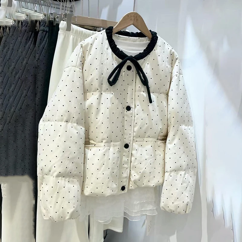 

Шикарная хлопковая куртка в горошек для женщин, новая зимняя однобортная повседневная стеганая куртка, женская бархатная верхняя одежда на шнуровке с круглым вырезом