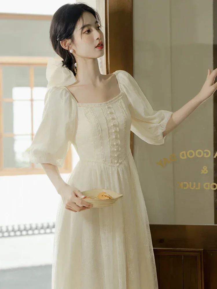 

Summer Retro French Style Woman Dress Korean Chic Desgin Beading Lantern Sleeve Elegant Lady Midi Dresses Ropa Mujer Verano