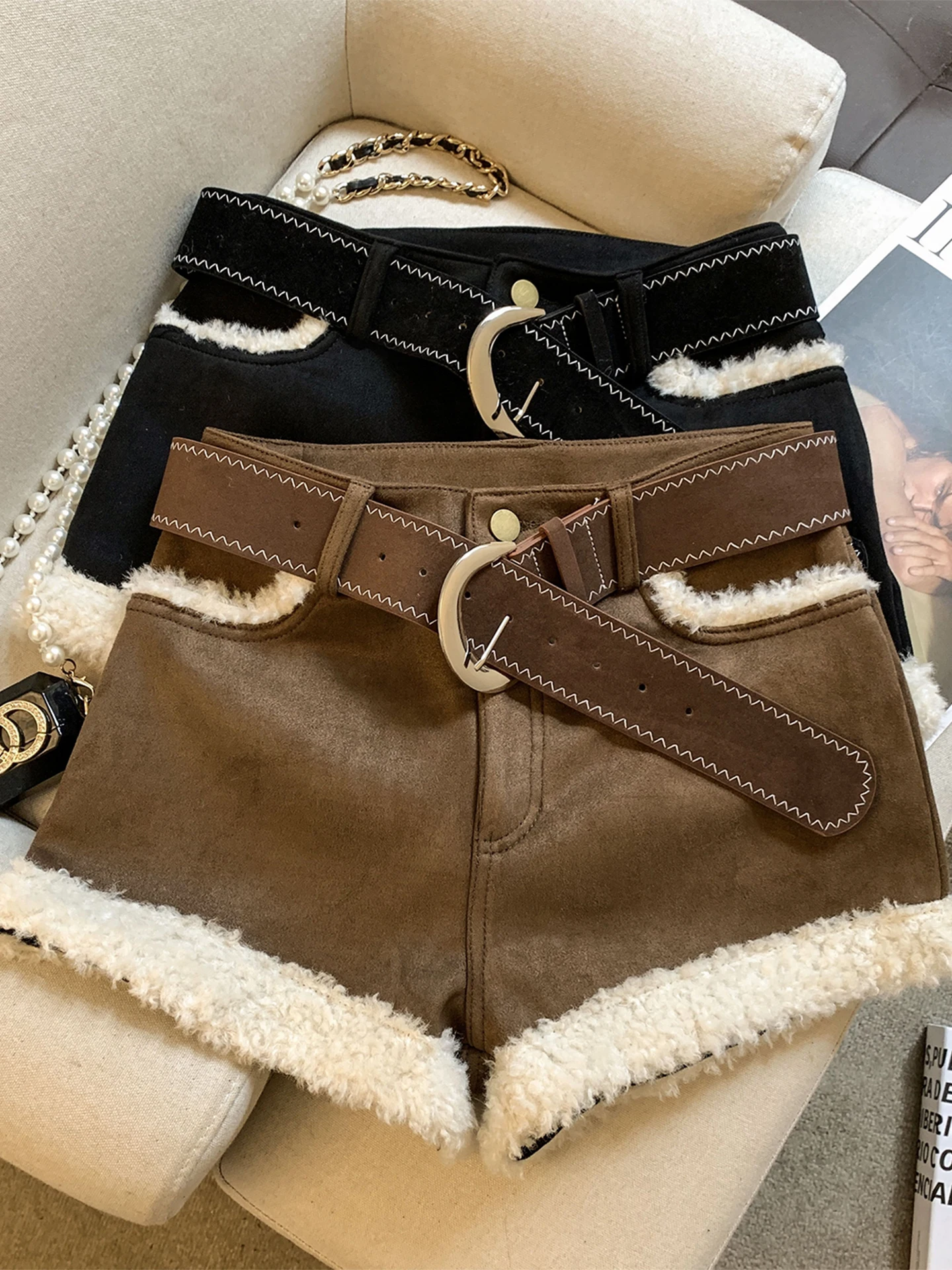 Pantalones cortos de pana de cintura alta y pierna ancha para mujer, ropa de abrigo de invierno, pantalones acampanados estil...