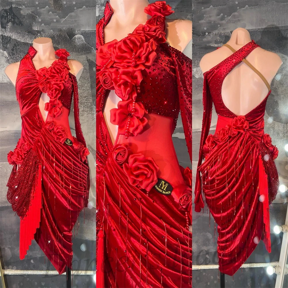 

Latin Dance Adult Children'S Dress Rhinestone High-End Custom Big Red Flower Costume Tango Women'S Clothing
