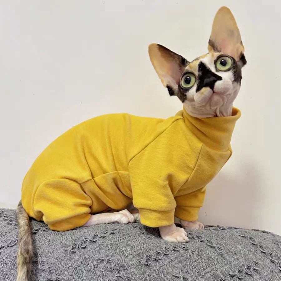 Warm Fleece Coat for Sphynx Cat Spring Soft 4-legged Jumpsuit for Kittens Yellow High-Neck Sweatshirt for Devon Rex in Winter