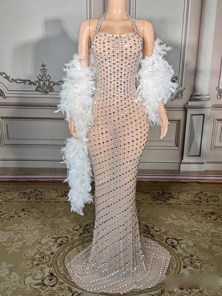 High Quality Rhinestone Sexy Neck Hanging Elastic Dress+Feather Shawl 2025 New Fashionable Custom Women'S Clothing