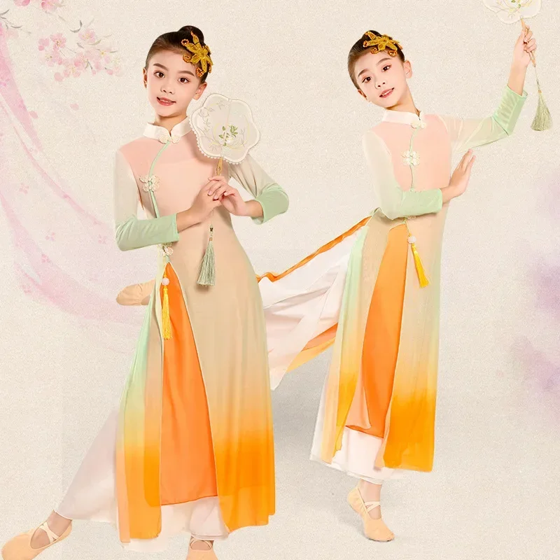 children's-classical-dance-performance-attire-elegant-chinese-style-training-suit-girl's-umbrella-dance-group-fan-dance-costume
