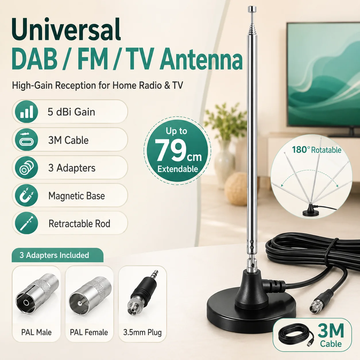 Indoor DAB/HDTV Antenna 5dBi Signal Booster with Strong Magnetic Stand 180° Rotatable Telescopic Rod Low Loss Cable Adapter Kit