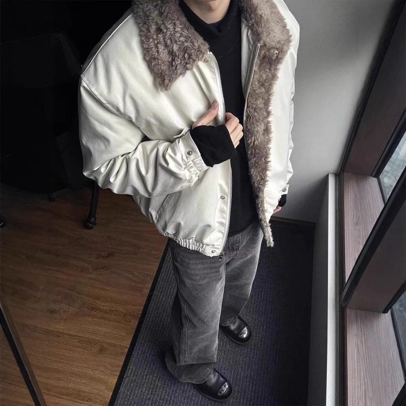 Heren Kunstleer Shearling Kraag Jas Winter Warm Oversized Bomberjas Loose Fit Casual Opstaande Kraag Zip-Up Bovenkleding