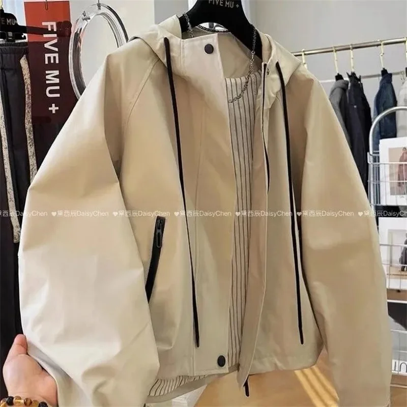 

Новинка, пальто и куртки, женская куртка, модный повседневный осенний кардиган, свободная молния, темно-синяя свободная куртка в полоску с капюшоном «Джокер», женская