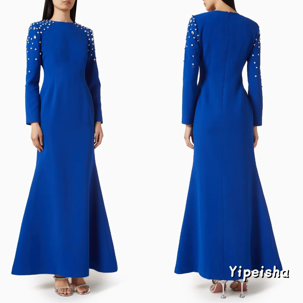 

Customized High Quality Saudi Arabic Evening Dress Round Neck Full Sleeves Crystal Stones Ankle Length Mermaid Prom Dress