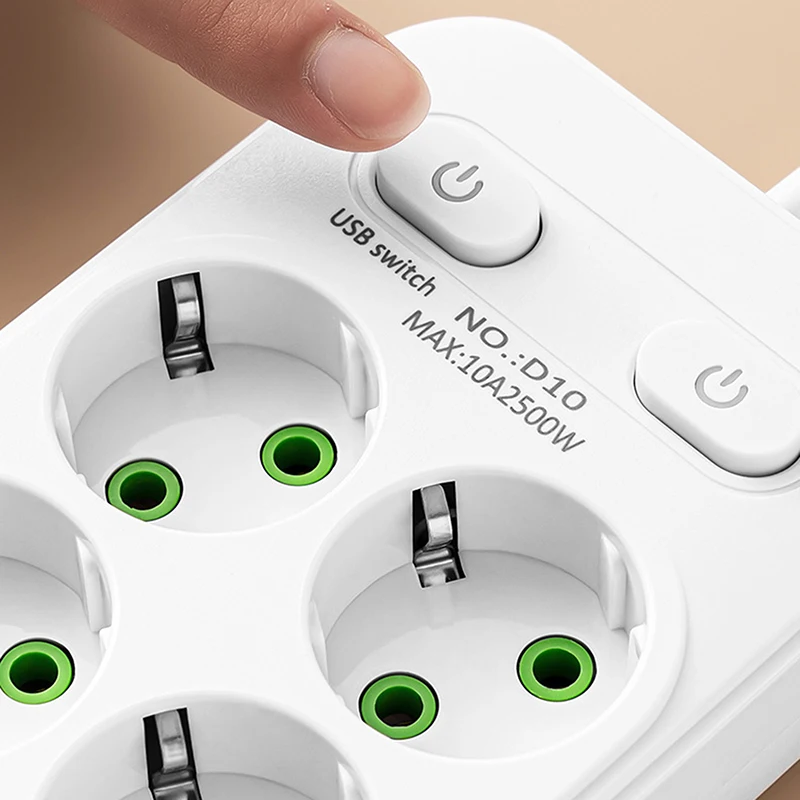 Prolunga di alimentazione con spina UE con cavo da 2 m, presa multipla, ricarica rapida USB-C e adattatore per filtro di rete.