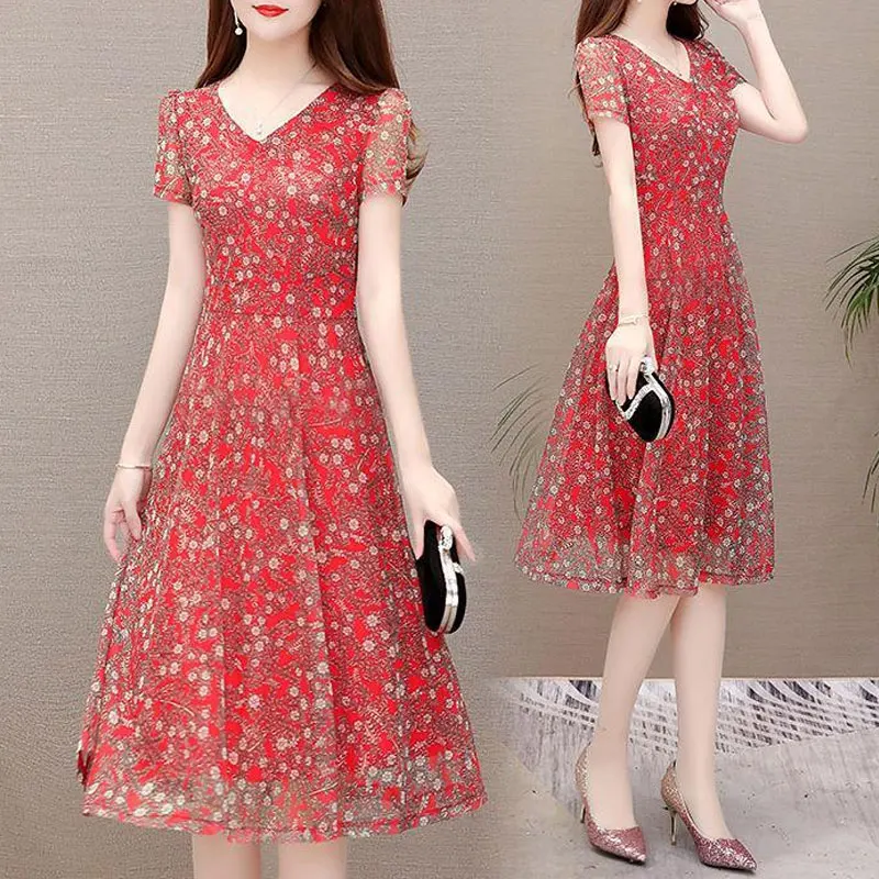 Elegant V-Neck Casual Dresses Summer Vintage Broken Flower Printed Female Clothing Korean Gauze A-Line Patchwork Midi Dress 2023