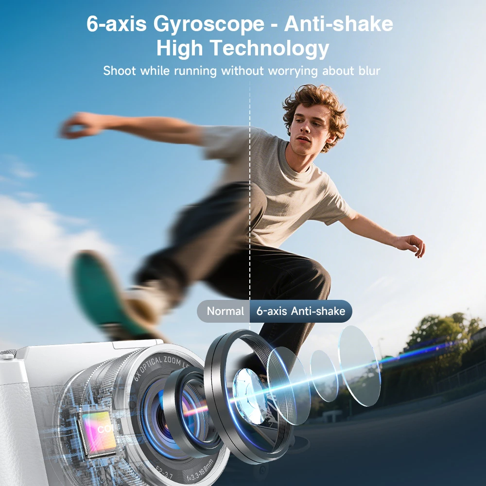 كاميرا رقمية واي فاي 5K 64MP، زووم بصري 6X، كاميرا تسجيل فيديو 30FPS، كاميرات خلفية وأمامية للتصوير الفوتوغرافي والفيديو، بطاقة 64 جيجابايت