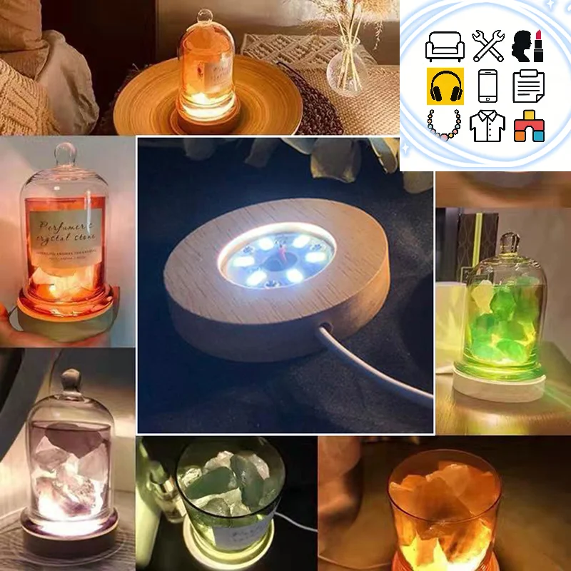 10cm Wood Light Base Rechargeable Wooden LED Light Rotating Display Stand Lamp Holder Lamp Base Art with Power adapter