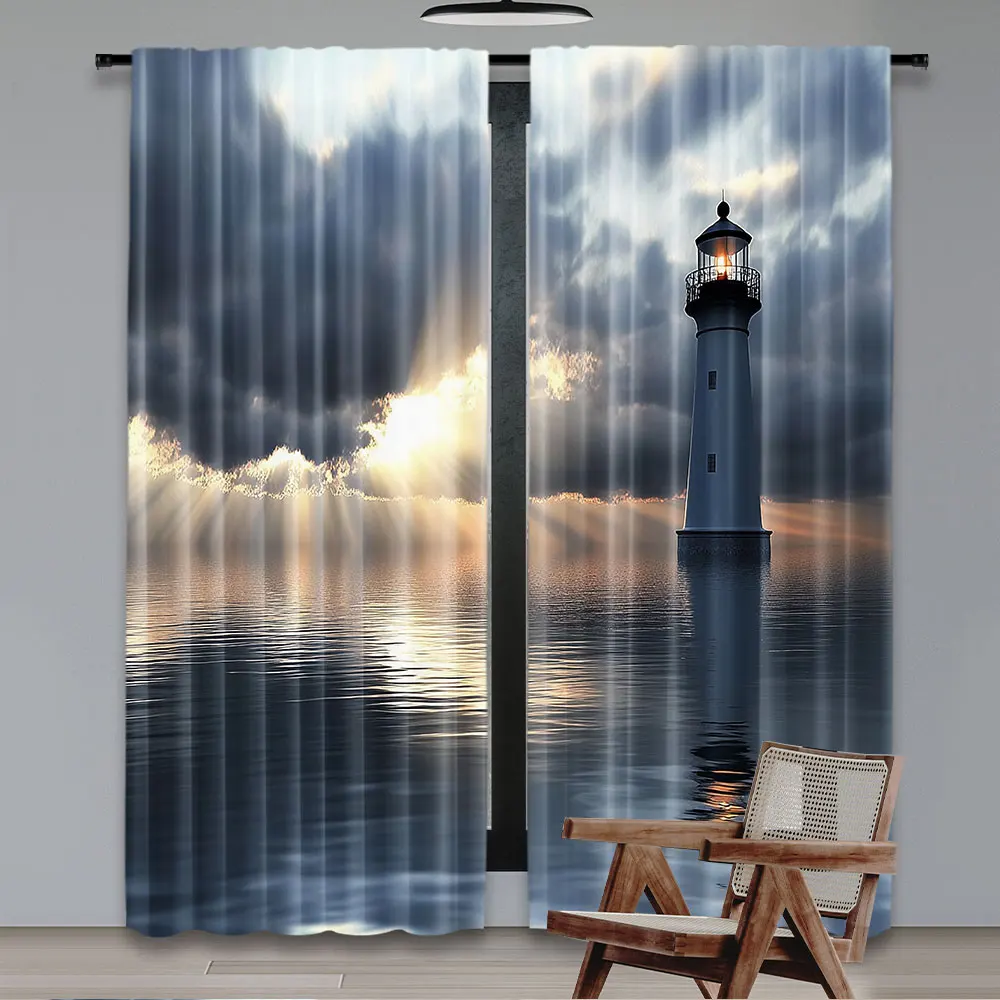 2Pcs Lighthouse Curtains Lighthouse Dark Clouds Reflection On Atlantic Weather Shadow For Bedroom Living Room And Dining Room B