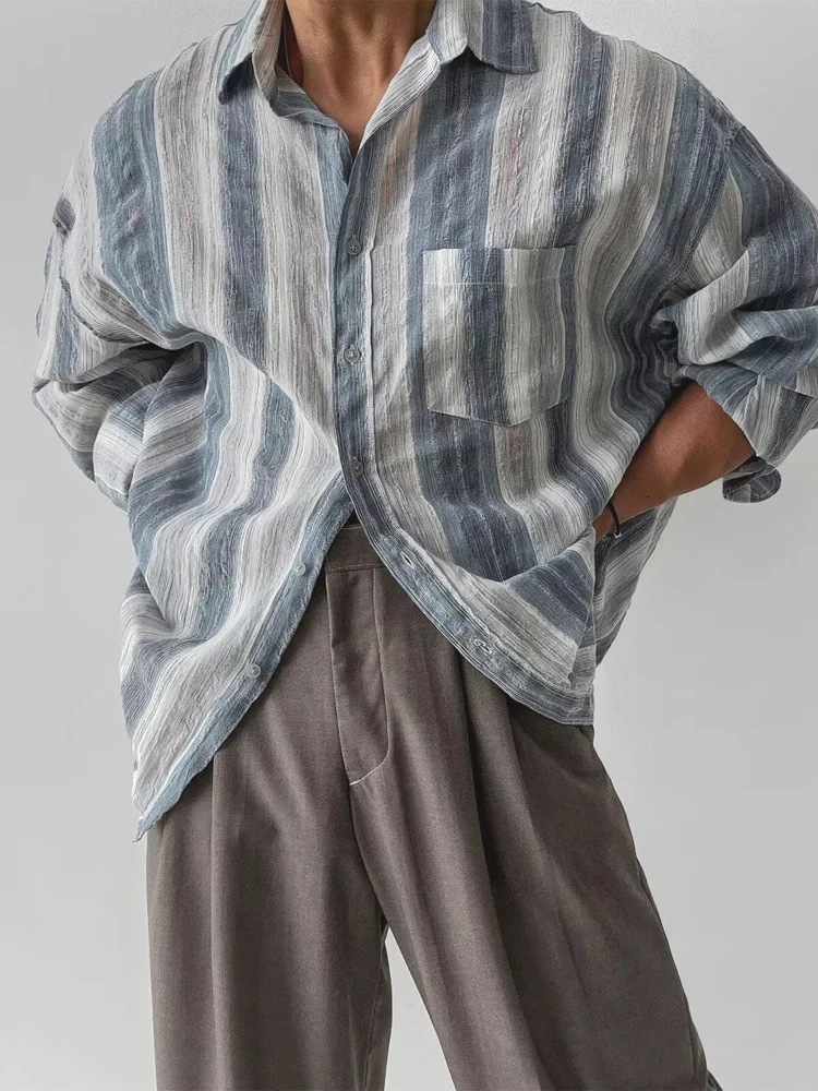 American Vintage Color Block Striped Men's Shirt Gauze Wide Version Long Sleeve Lightweight Sun Protection Cotton Linen Shirt