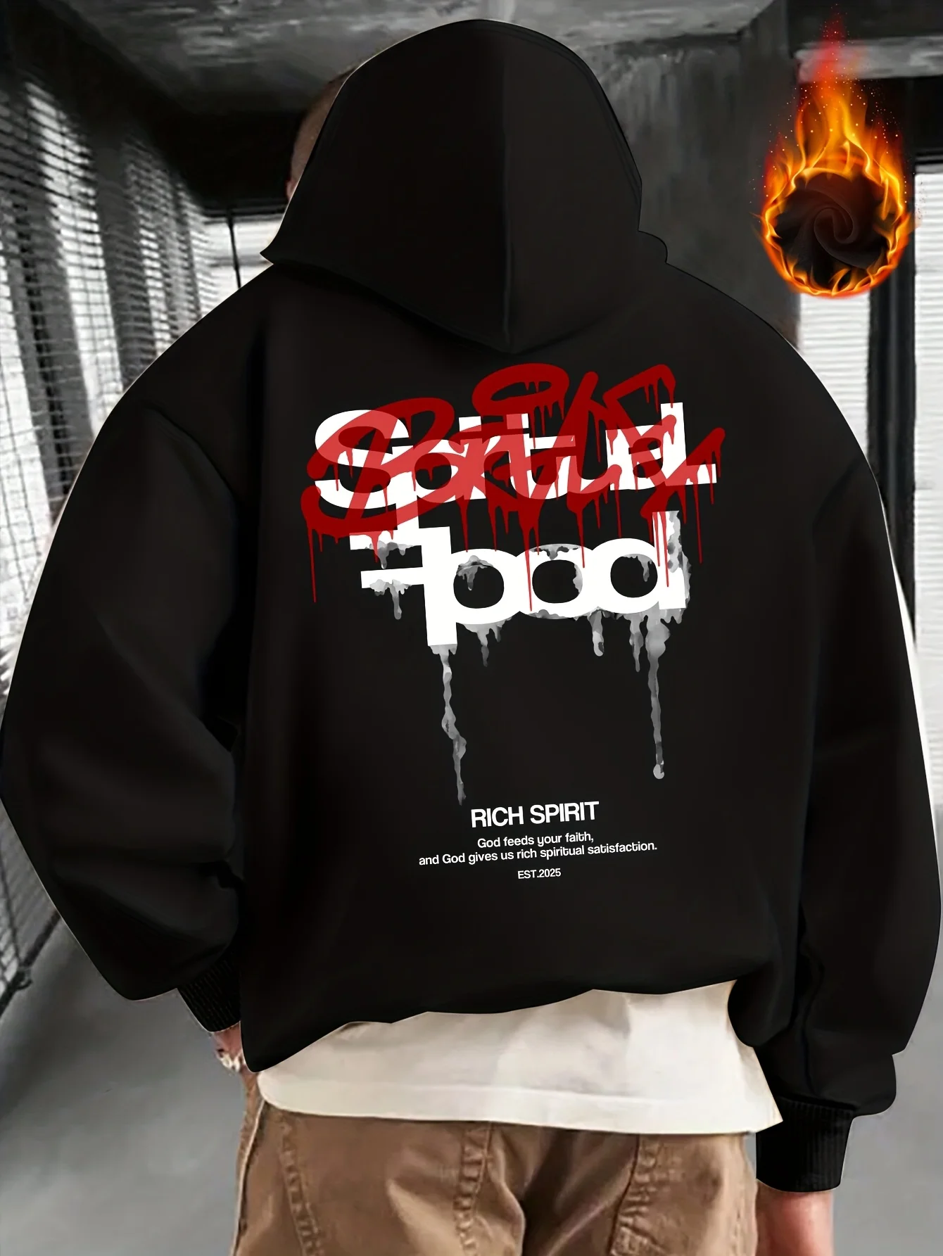 Unisex Rich Spirit Drip Graffiti Letter Graphic Hoodie Black Streetwear Sweatshirt for Hip Hop and Sports Fans Worldwide