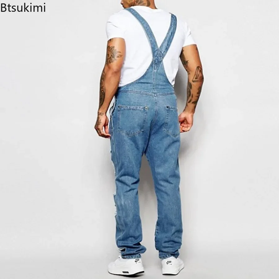 2024 Men's Ripped Denim Overalls  Full Length Suspender Pants Homme Jeans High Street Jumpsuit Distressed Casual Trousers Male
