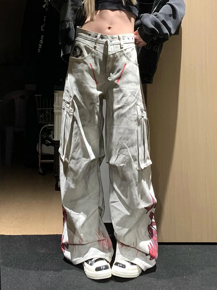 

Retro American Style Women's Workwear Pants Multi-Pocket Flared Jeans High Waist Denim Fire Print Casual Trousers for Ladies