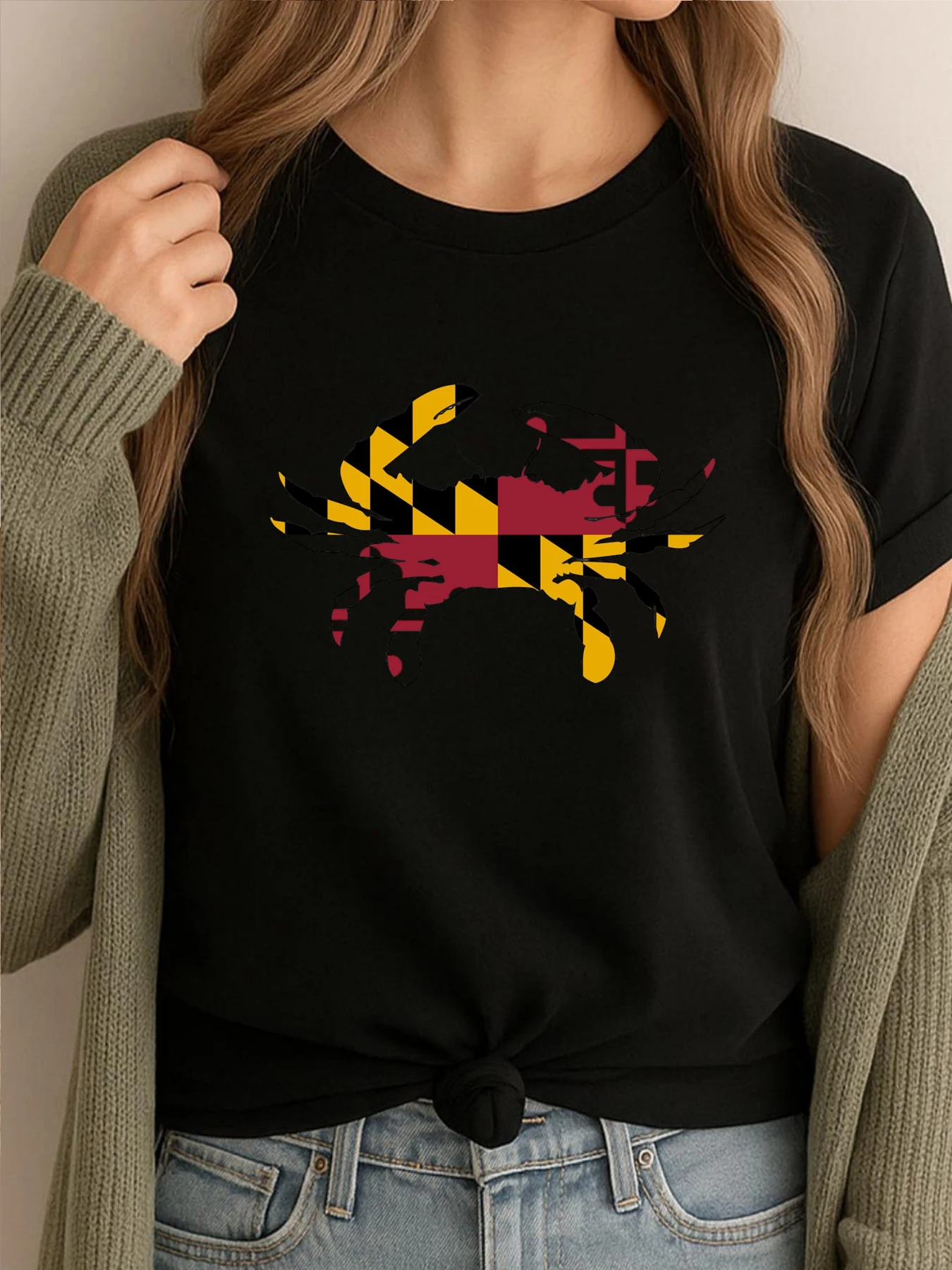 

Maryland Flag Crab Clothing Printed T-Shirt Mens Cotton Comfort Luxury Designer Graphic Camisetas Hombre