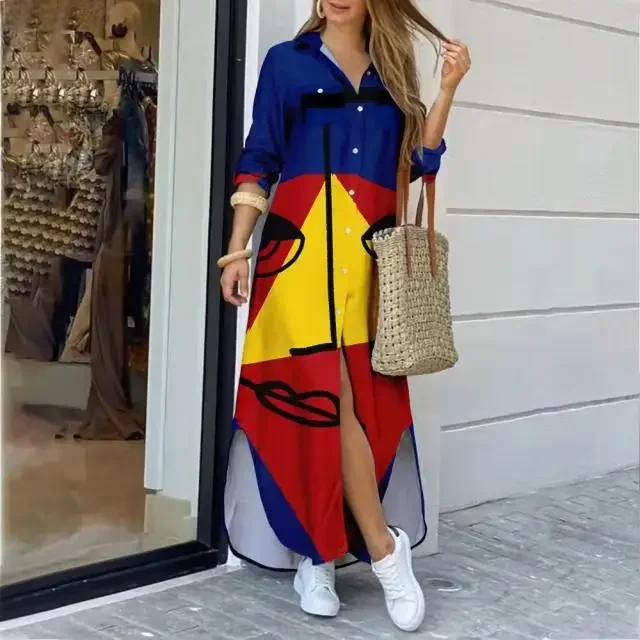 2023 Women Graffiti Print Long Shirt Dresses Casual Turn-down Collar Face Print Maxi Dress Ladies Autumn Long Sleeve Loose Dress