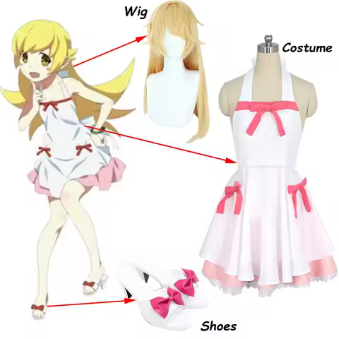 Anime Bakemonogatari Cos Oshino Shinobu Cosplay Costume Woman Lolita White Pink Dress Halloween Custom Made