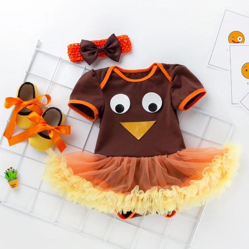 

Children's Thanksgiving Baby Cartoon Patch Turkey Romper Dress Shoes Hair Accessories Set Infant Party Outfit