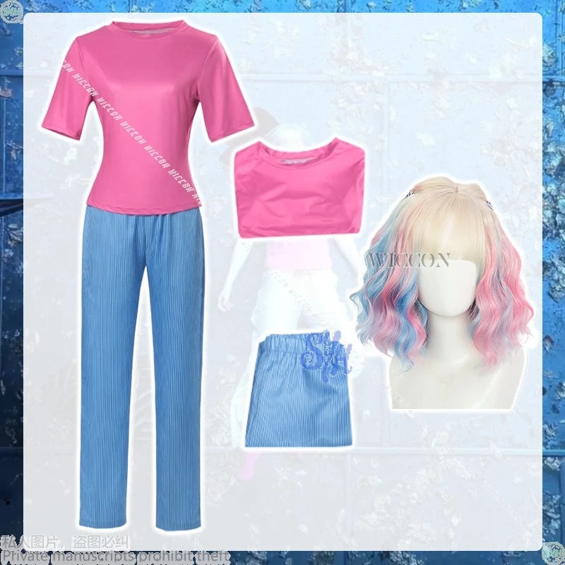 Kostum Cosplay Film Anime Enid Happy Prank Day Kaus Merah Muda Kawaii Manis Celana Biru Piyama Pesta Halloween Horor