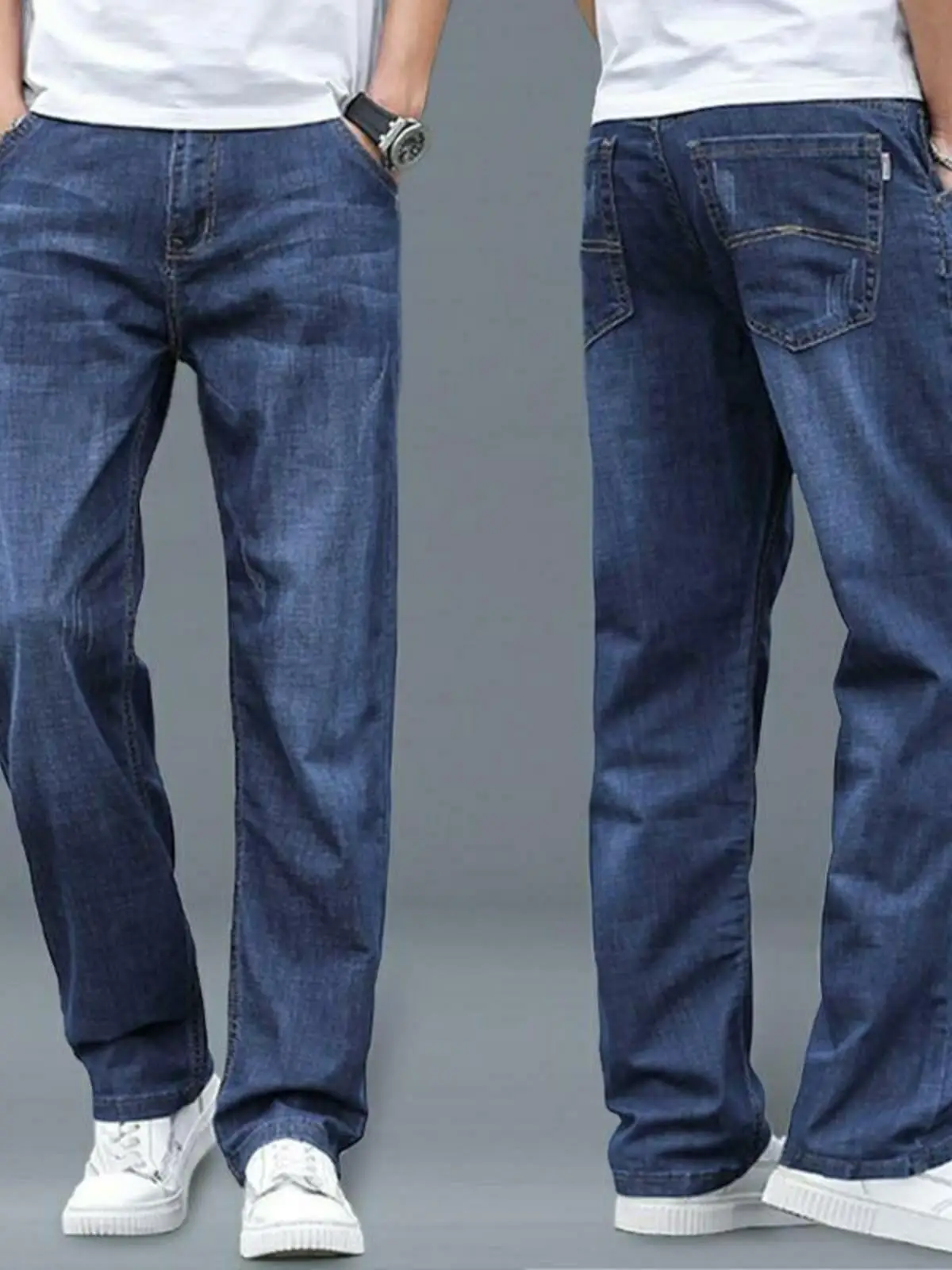

Мужские летние тонкие джинсы прямого кроя, свободные повседневные брюки с широкими штанинами, удобные классические синие джинсовые штаны свободного кроя