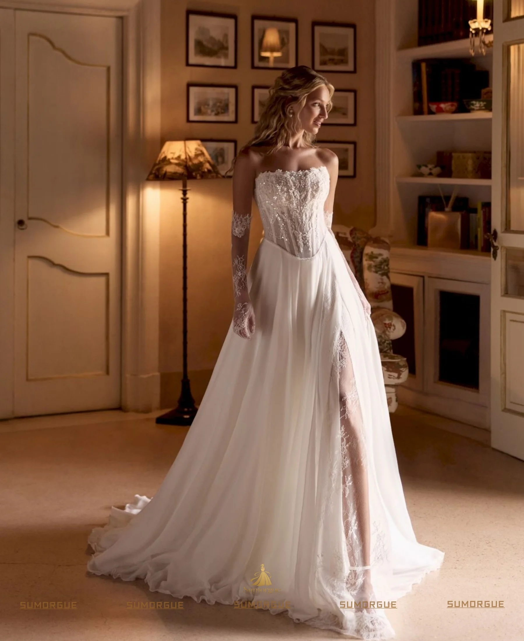 Beach Chiffon Wedding Dress Bustier Corset Sweetheart Lace Sequined Bridal Gown Flowy Slit High-end Customized Vestidos De Novia