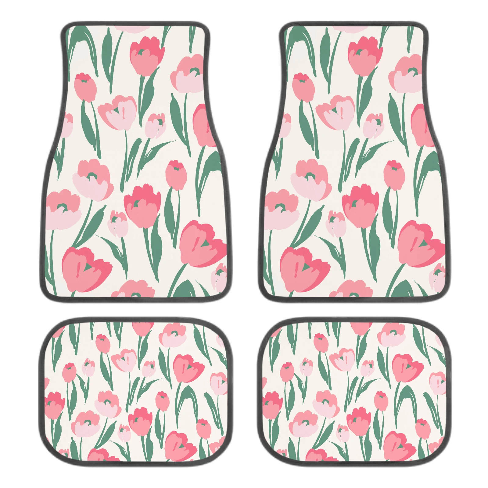 Set Of 4 Car Floor Mats Featuring A Stylish Pink Tulip Design, Equipped With A Non-Slip Base For All Weather Conditions. These U
