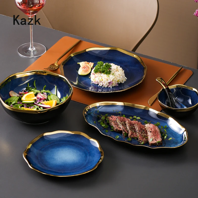 Nordic Blue Glaze Ceramic Dinner Plates and Bowls Creative Irregular Phnom Penh Steak Plate Dessert Snack Dishes Home Tableware