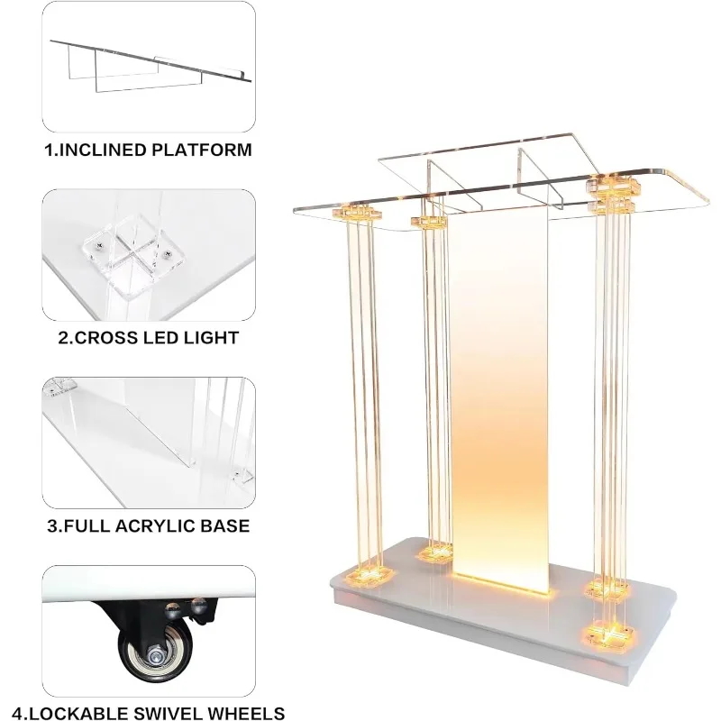 Church Pulpit with Wheels LED Acrylic Church Podium with Rollers& Vertical Reading Platform Lecterns for Classroom