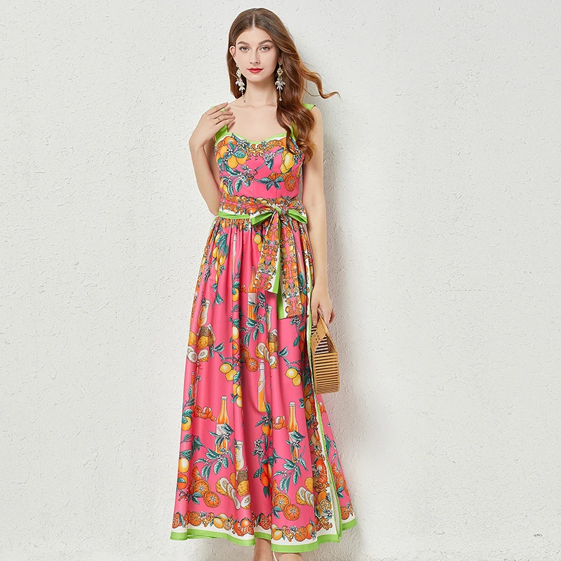 

Fashion Runway Summer Fruits Leaf Print Maxi Dress Women's Bohemia Vacation Spaghetti Strap Side Split Lace Up Backless Vestidos