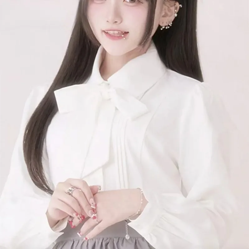 

2026 New Japanese Style Embroidered Bow Tie Shirt Sweet Versatile Pleated Single-breasted Tops Long Sleeve Blouse for Girls